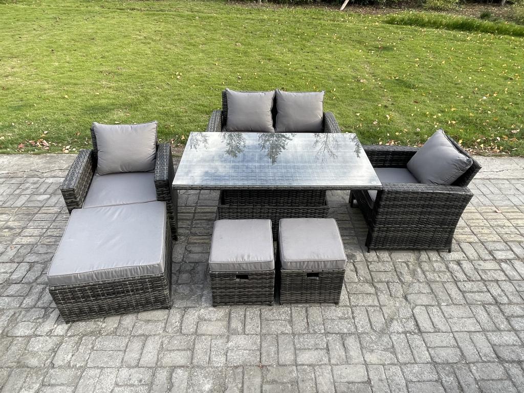 7-Seater Rattan Garden Furniture Set with Lift-Top Table and 3 Stools, Dark Grey, 69193BRCT