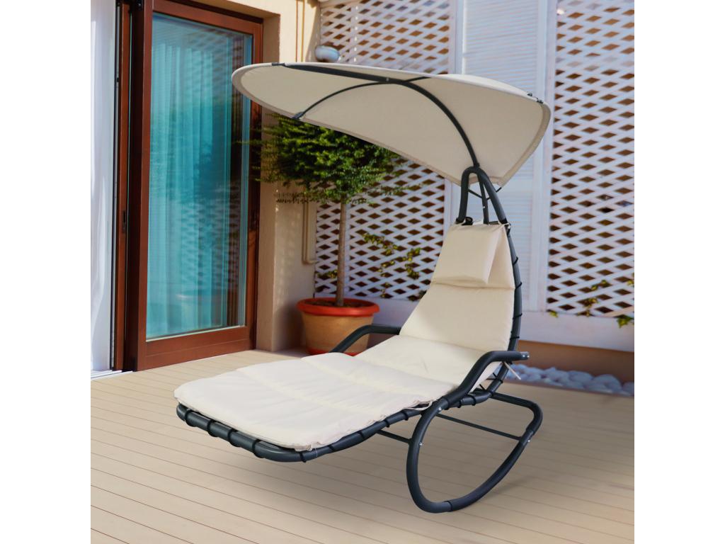 Contemporary design rocking sun lounger with sunshade and mattress, 1.65L x 1.25W x 1.84H m, black epoxy-coated steel, beige polyester, 42389WNTY