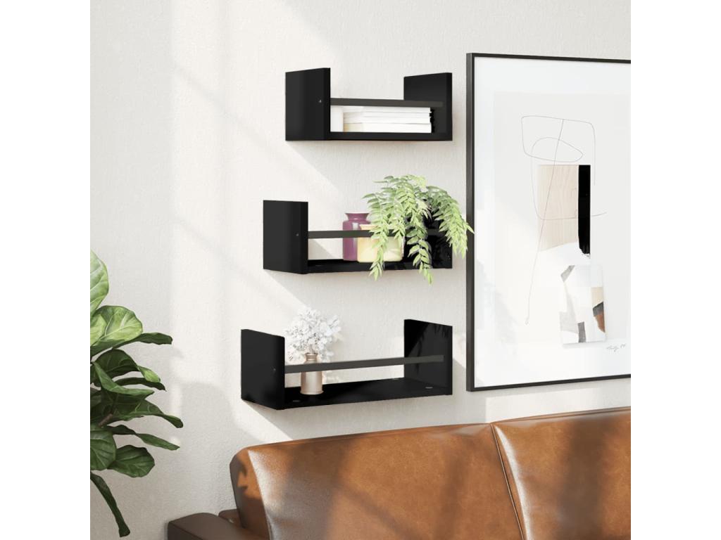 Set of 3 black engineered wood wall-mounted shelves with bars, 63708OPLW