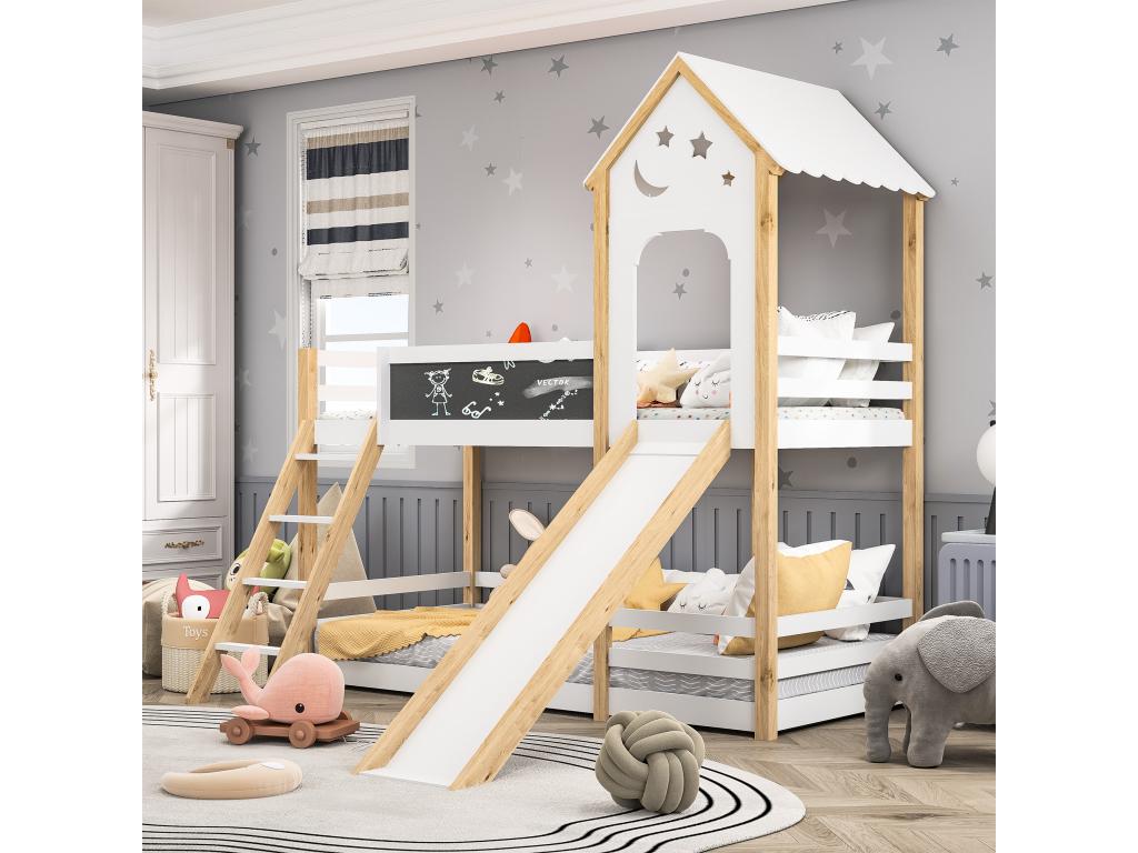 Bunk bed 90x200cm children's bed with stairs and slides, writing board, 2x slatted bed bases, Sunmeub solid wood 20120OSXL