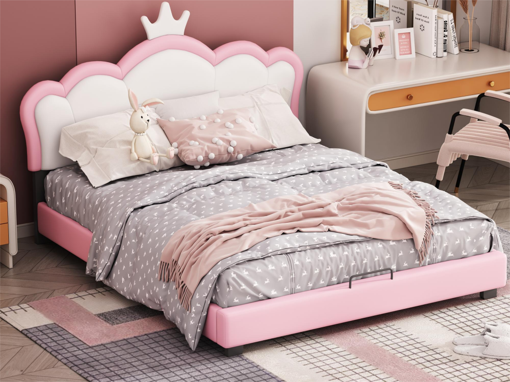 Bed with crown-shaped headboard 140x200 cm - PU leather - for children - pink 26898PMOZ