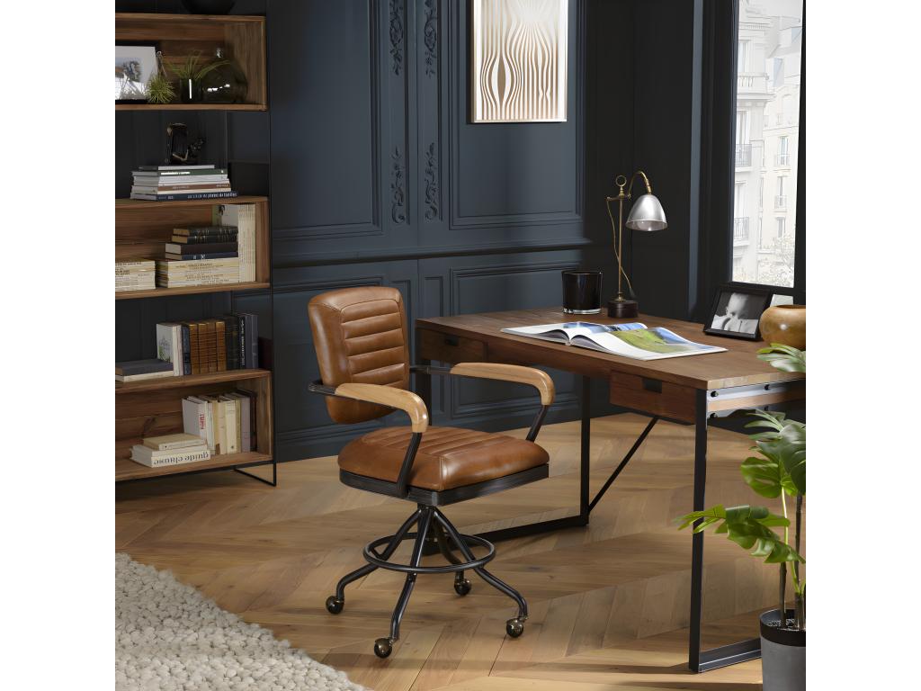 Sunmeub - Vintage Sunmeub armchair in brown leather and black metal with wooden armrests 08017KADK