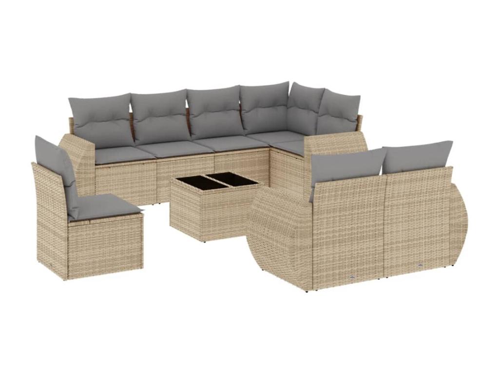 9-piece garden furniture set with cushions, beige wicker resin, 92361ZHTR