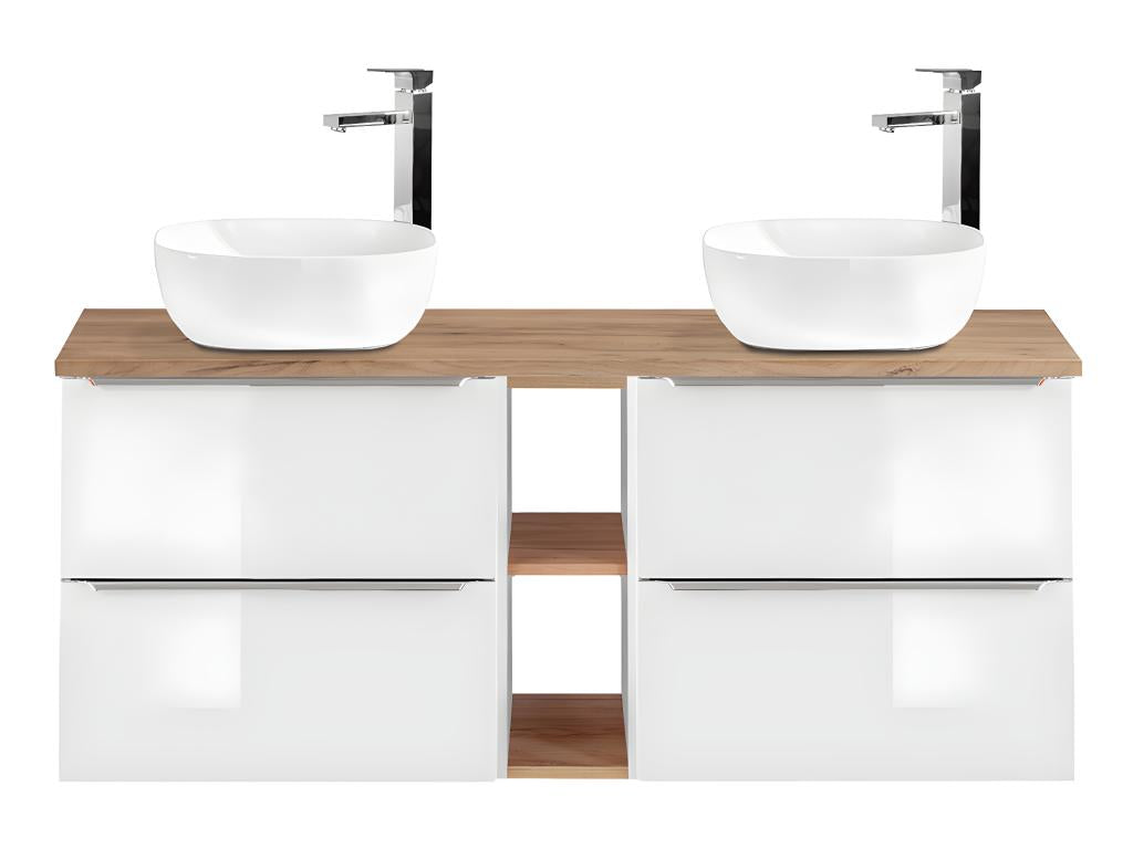 Sunmeub 140cm Double Vanity Unit with 2 Niches, White and Wood, 50744ZALI