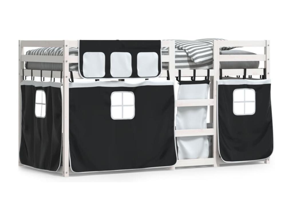 Bunk bed with black and white curtains, 75x190 cm, solid pine wood, 86039NYGF