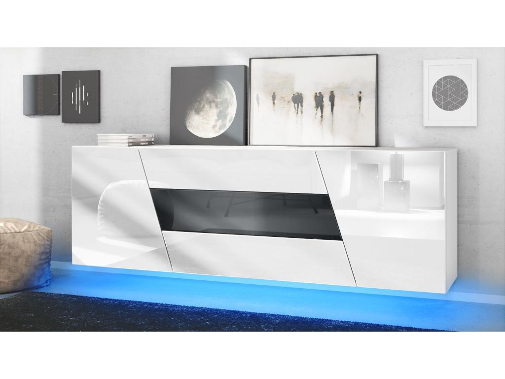 Wall-Mounted Buffet, Matte White Body, Glossy White Fronts, High-Gloss Black Central Drawer with LED Lighting 33046ZKFY