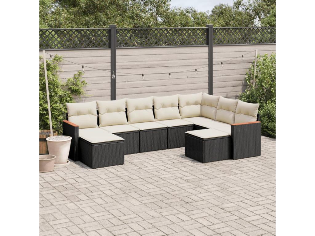 9-piece garden furniture set with cushions, black woven resin, 38697UPBV