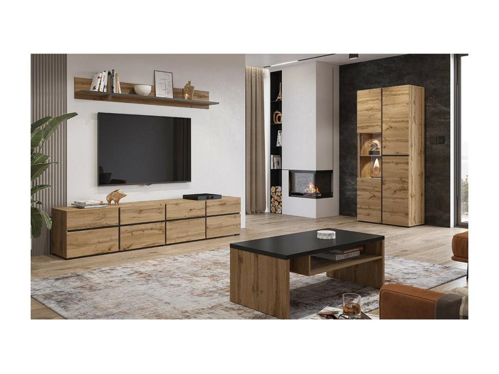 180cm wall shelf in oak and black - Sunmeub Collection. 11837AOZF
