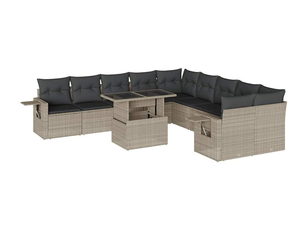 11-piece garden furniture set with light grey cushions, woven resin 98186KEWR