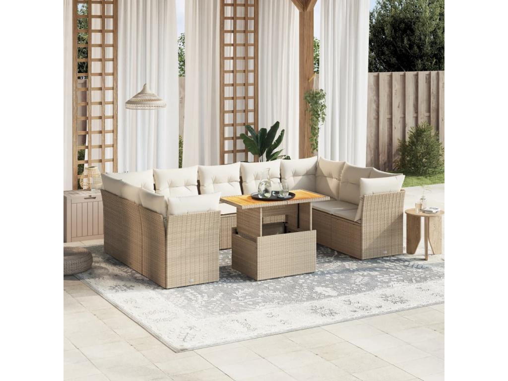 10-piece garden furniture set with cushions, beige woven resin, 70944ZTCH