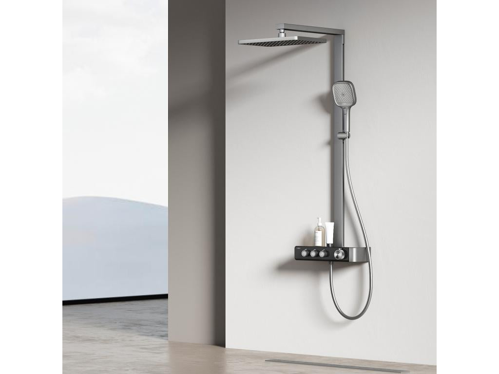 Sunmeub Thermostatic Shower Column – Matte Anthracite. Innovative flow control for a 36x24 cm rain shower head with 3 spray patterns. 87521WSUW