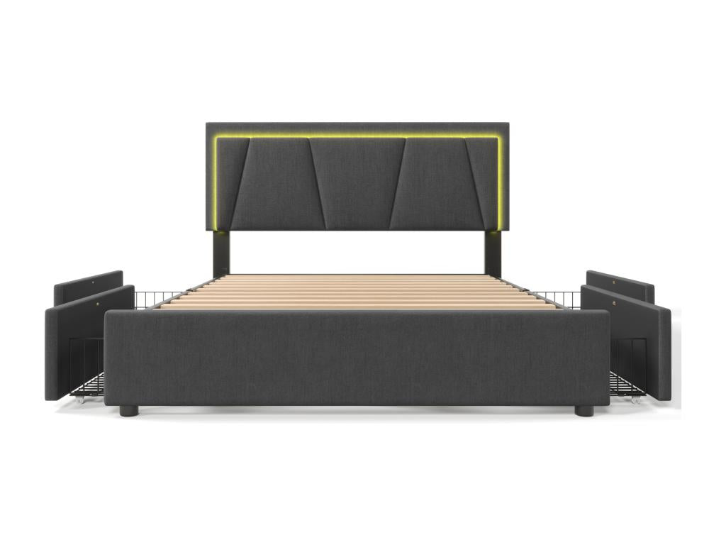 Bed with adjustable headboard - 160x200 cm - 4 drawers - LEDs - Sunmeub slatted base - grey color 66368IBAL