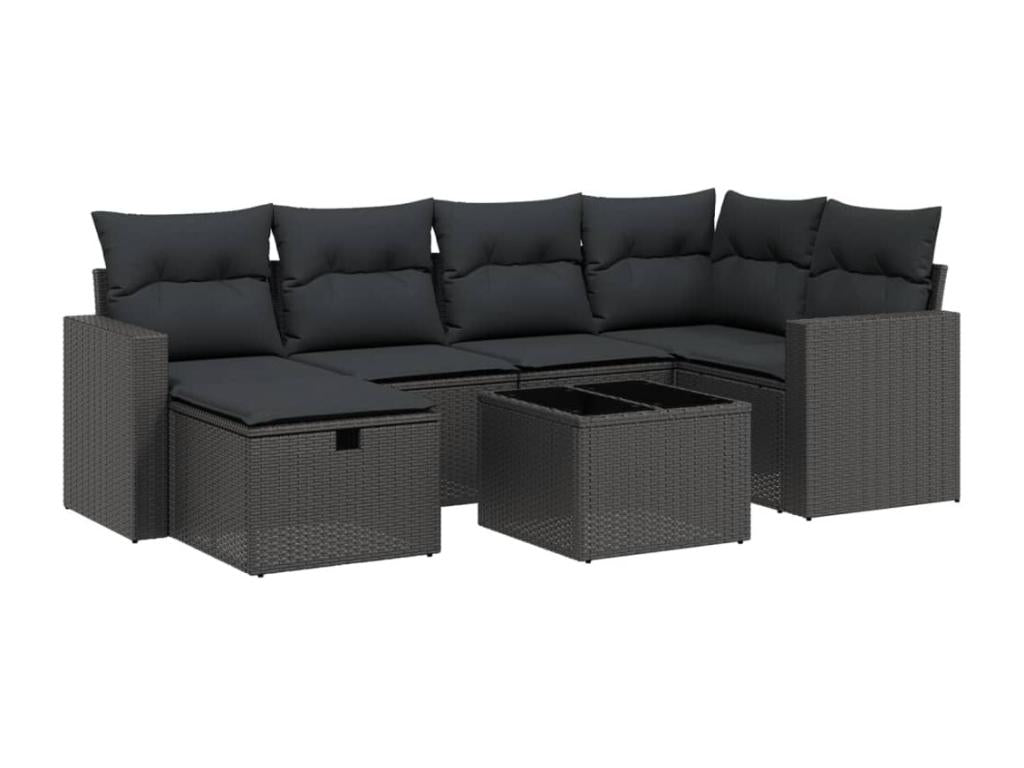 7-piece garden furniture set with cushions, black resin wicker, 92023EOGN