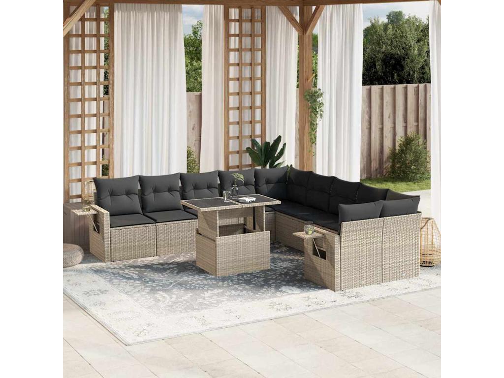 11-piece garden furniture set with light grey cushions, woven resin 98186KEWR