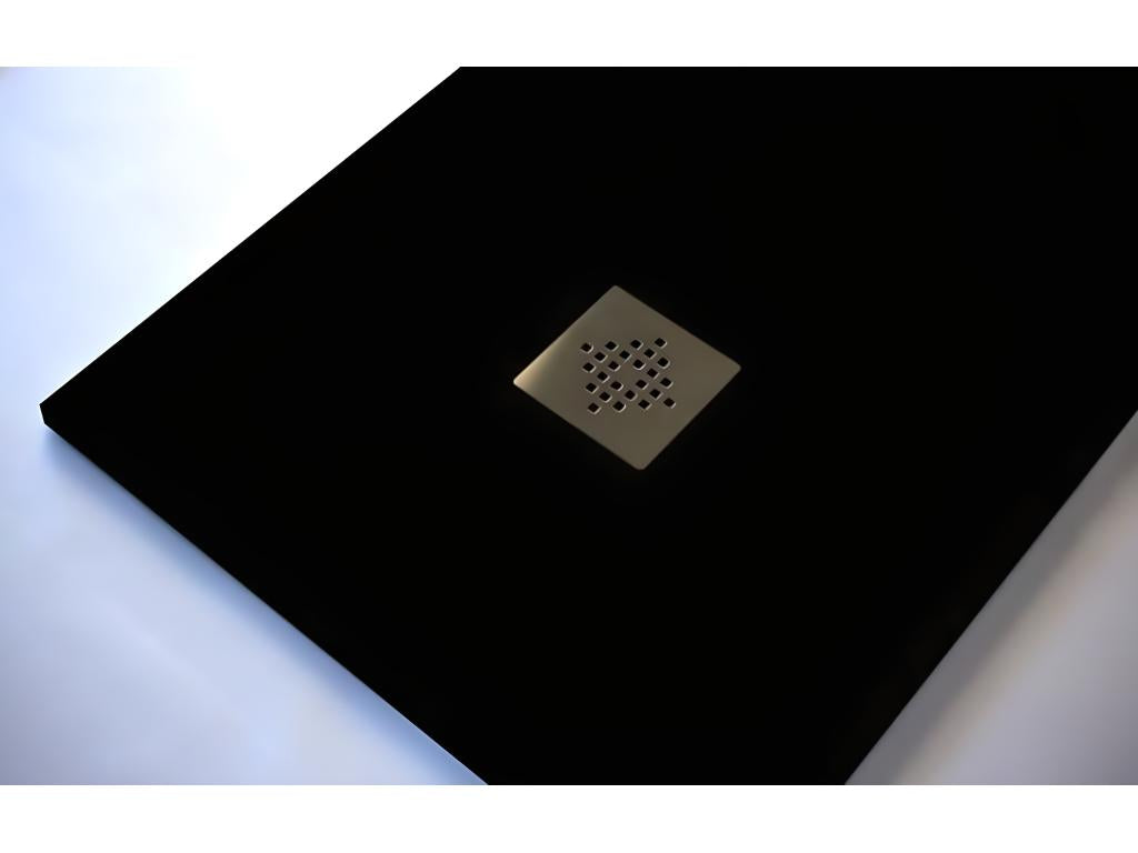Extra-flat 100x190 cm PURE shower tray in black slate-effect resin with black drain cover 66559DTTX