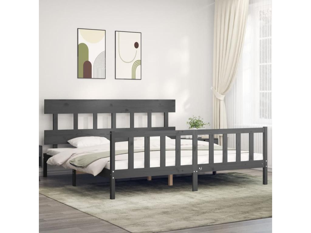 Bed frame with headboard, grey, 200x200 cm, solid wood, 87900YPTX