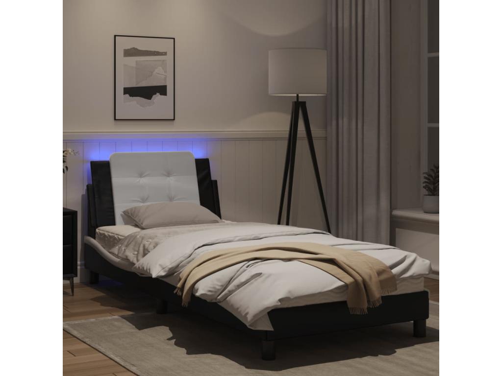 Bed frame with LED lights, black and white, 80x200 cm, faux leather, 07039GOSZ