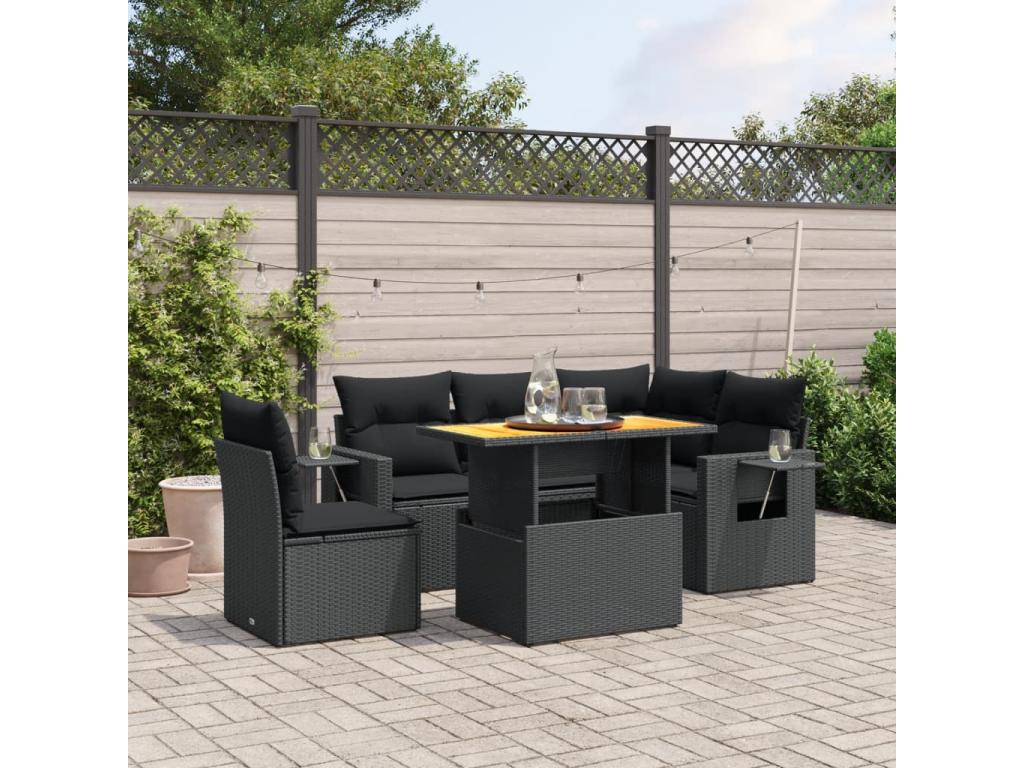 6-piece garden furniture set with cushions, black woven resin, 43635QYJU