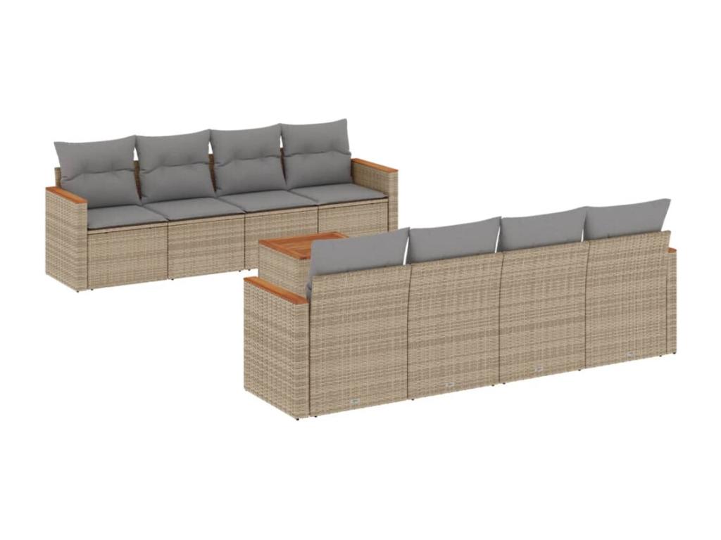 9-piece garden furniture set with cushions, beige wicker resin, 91406NXJT