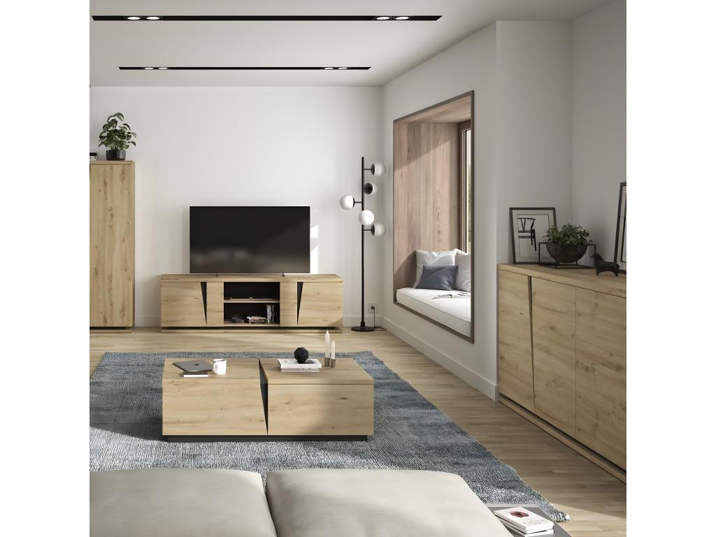 4-Door Buffet, Oak and Black Finish, 221 cm Wide - Crack 15637VBKN