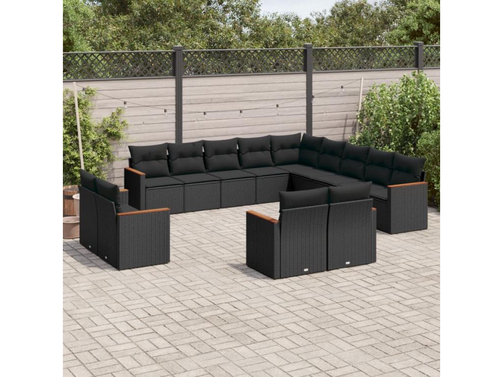 13-piece garden furniture set with cushions, black wicker resin, 28343CUNQ