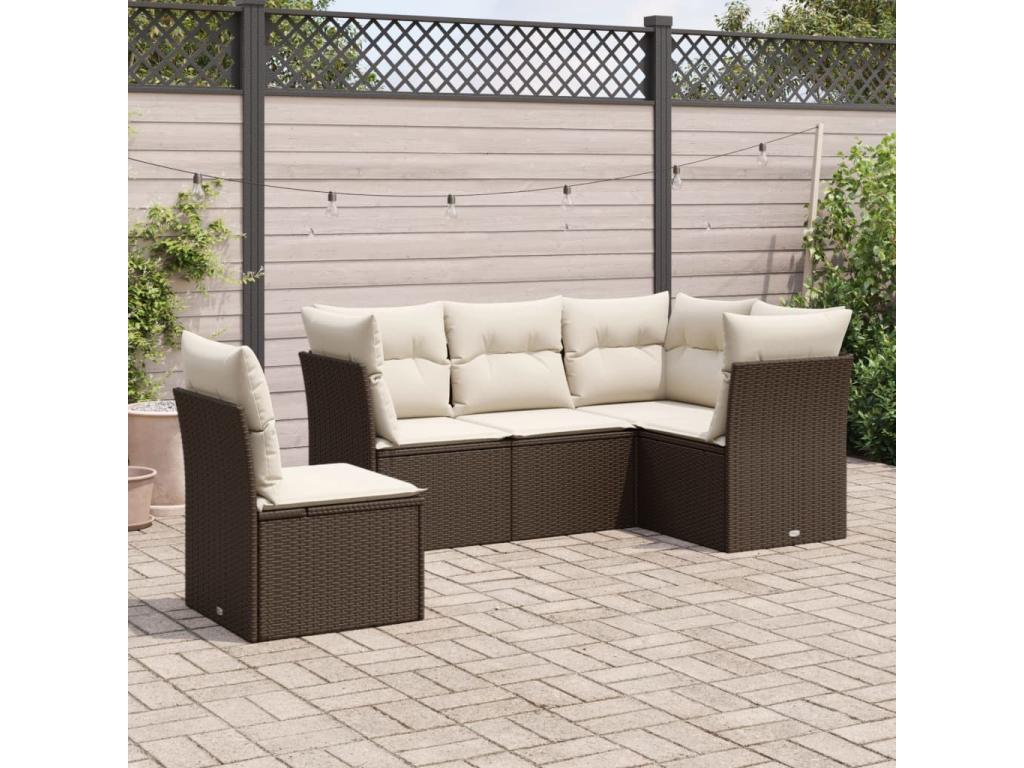 5-piece garden furniture set with cushions, brown woven resin, 20679KOPD