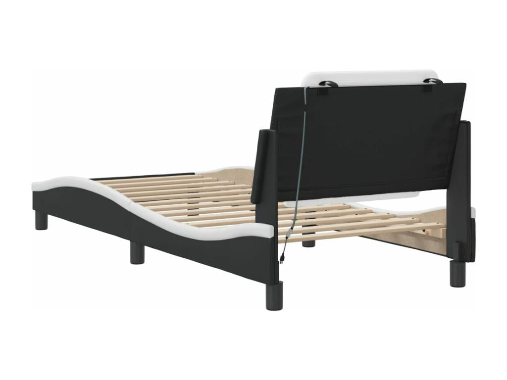Bed frame with LED lights, black and white, 80x200 cm, faux leather, 07039GOSZ