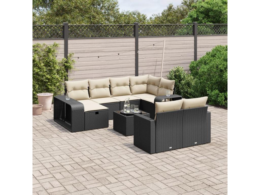 11-piece garden furniture set with cushions, black resin wicker, 21326KRLT
