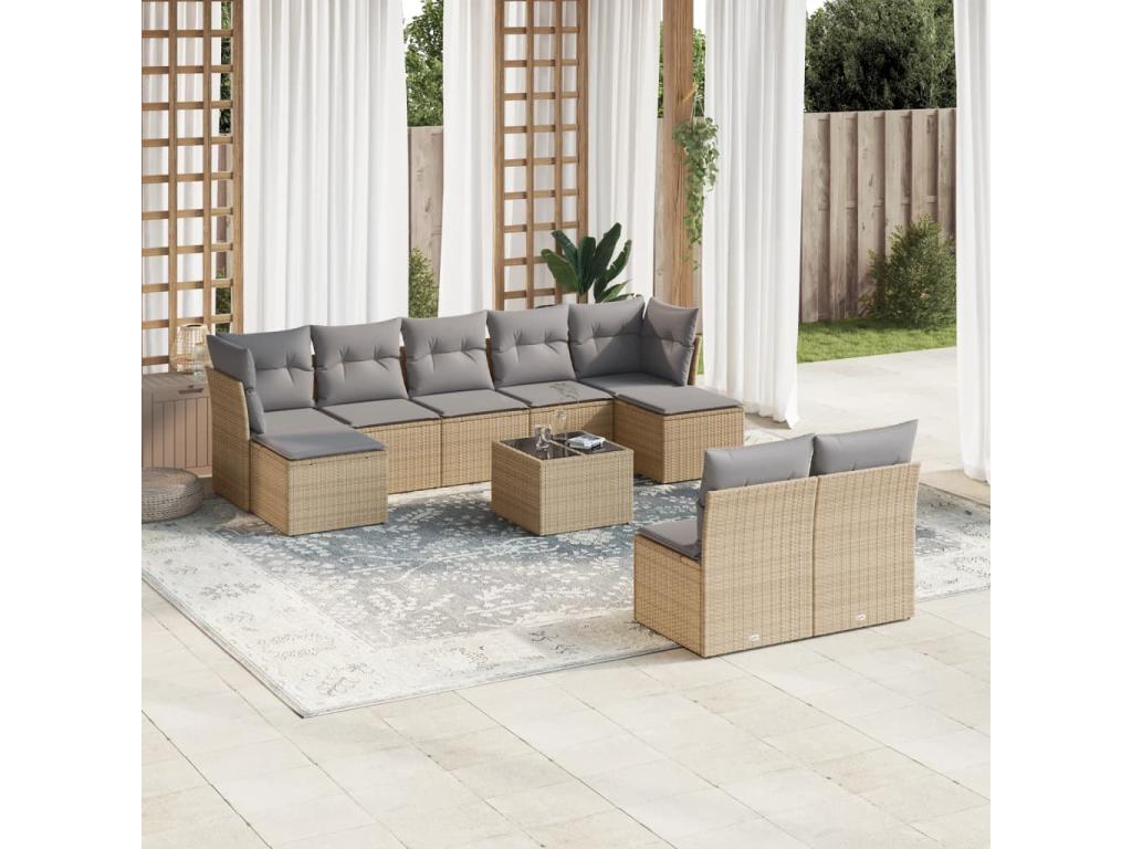 Garden furniture set with cushions, 10 pieces, beige woven resin, 60724KRIL
