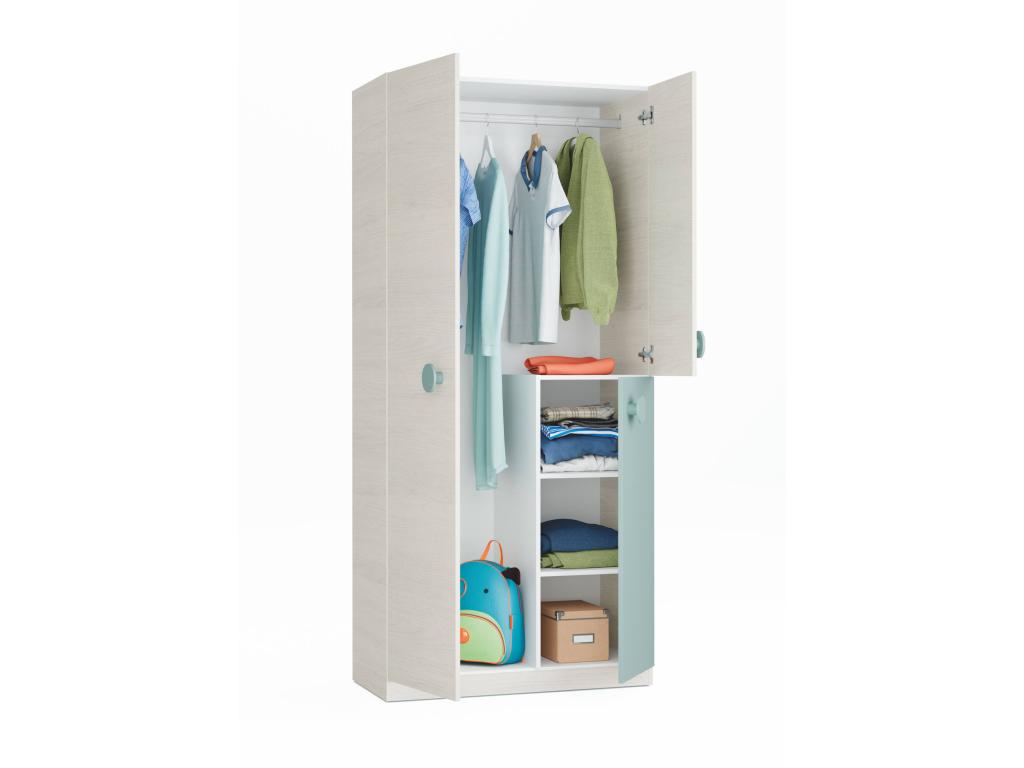 Manchester Wardrobe, Children's Bedroom Wardrobe with 3 Doors and 3 Shelves with Clothes Rail, 90x52x200 cm, Grey and Green, Sunmeub 36843PLED