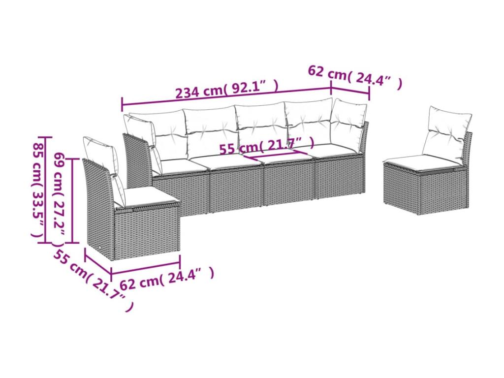 6-piece garden furniture set with cushions, beige wicker resin, 59462GIKL