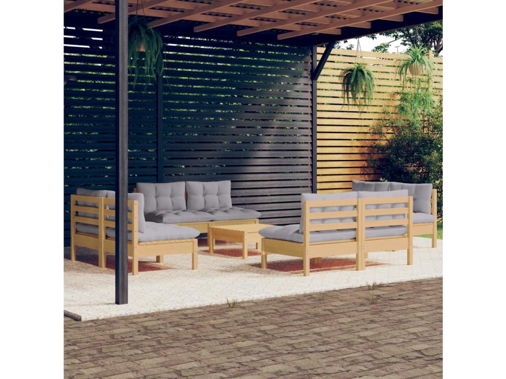 9-piece garden furniture set with grey pine wood cushions 13548MBMV