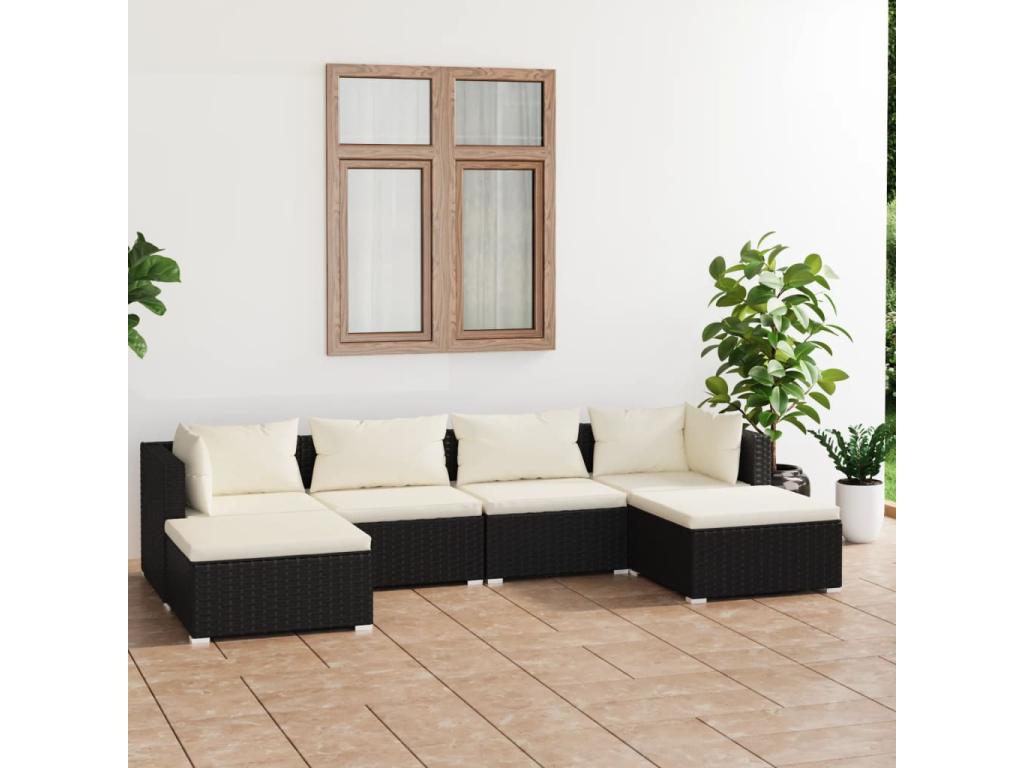 6-piece garden furniture set with cushions, black wicker resin, 19 22453NXQJ