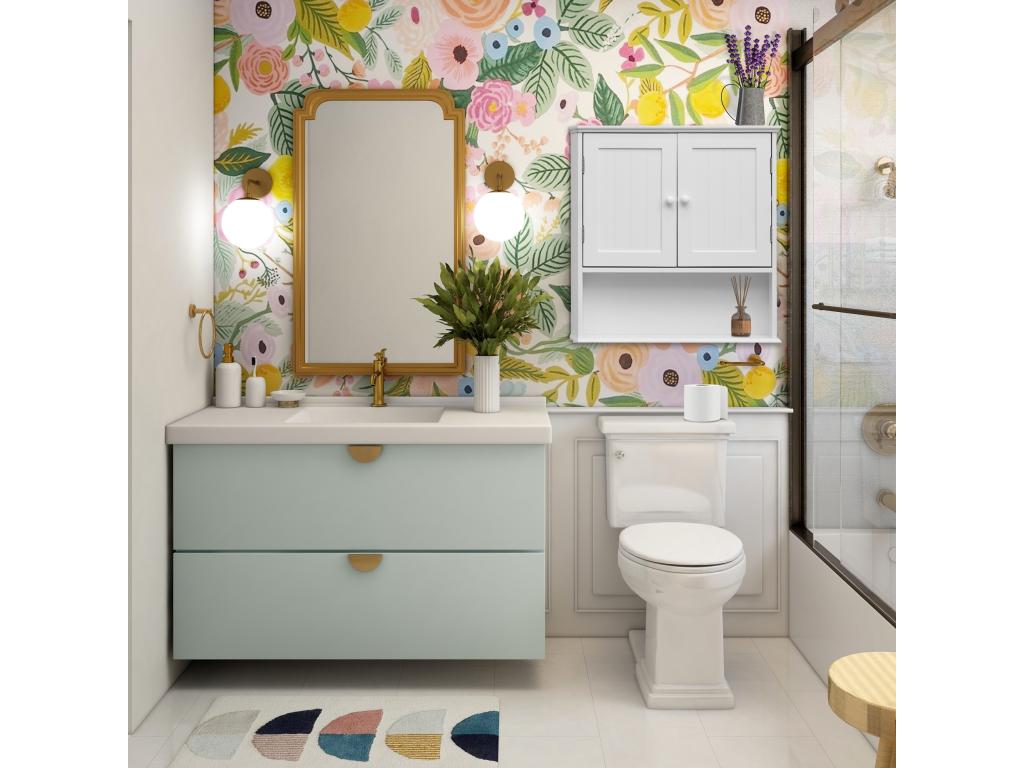 White Wooden Wall-Mounted Bathroom Cabinet with 2 Doors and 1 Shelf 16766EISE