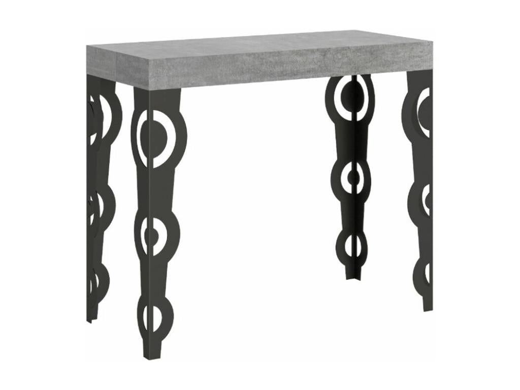 Sunmeub Oriental Style Extendable Console Table 90x40-196 or 90x40-300 - Cement Grey - 2-Leg Support - 5 Slim Extension Leaves 99486USCX
