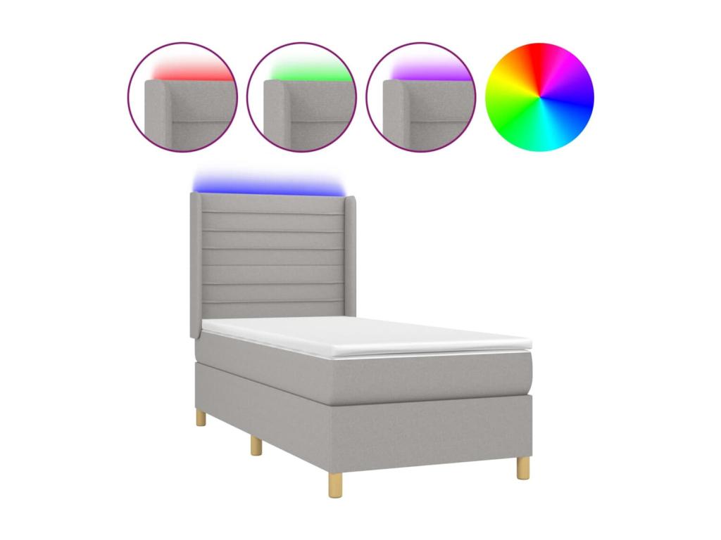 Upholstered bed base with mattress and LED light, light grey, 100x200 cm, fabric 13405FPSM