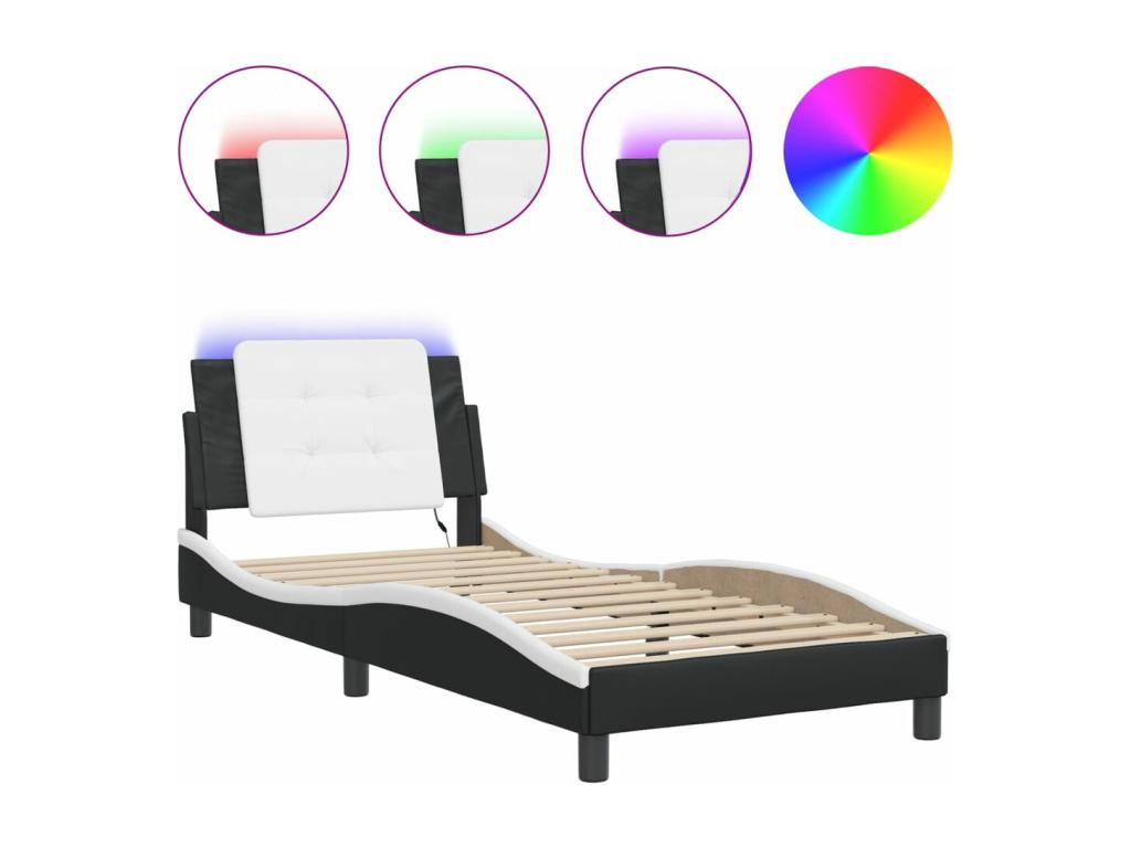 Bed frame with LED lights, black and white, 80x200 cm, faux leather, 07039GOSZ