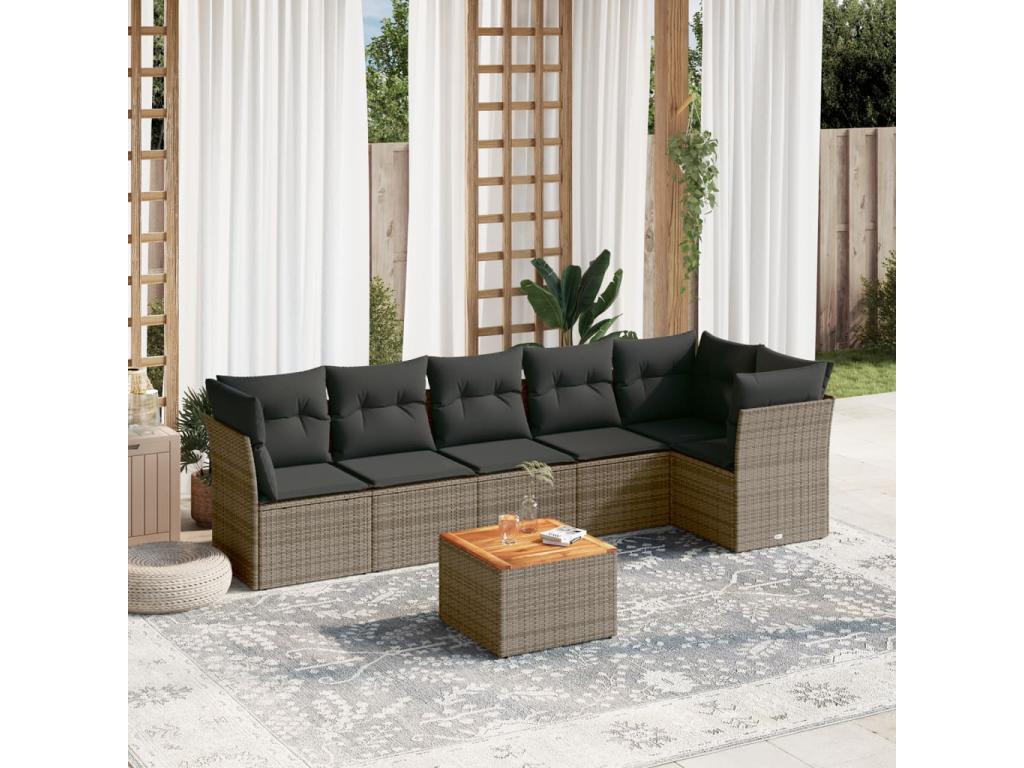 7-piece garden furniture set with cushions, grey woven resin, 87489MNRN