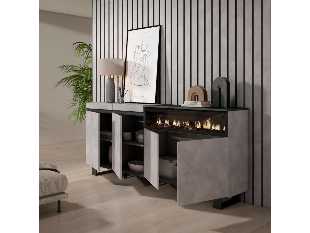 Sideboard for living room and kitchen, 200x87x35cm, with electric fireplace, industrial design, cement finish, 02899WTHC