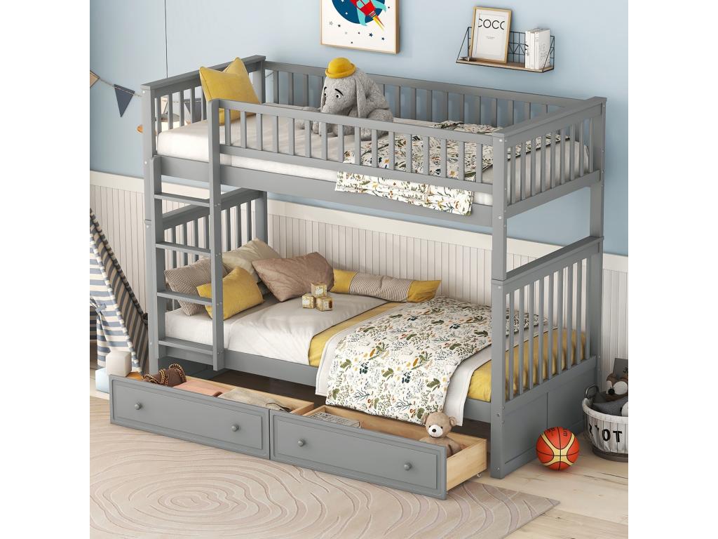 Children's separable bunk beds - 2 x 90 x 200 cm - 2 drawers - grey pine frame - Sunmeub slatted base - safety rails - Sunmeub 74998KFUT
