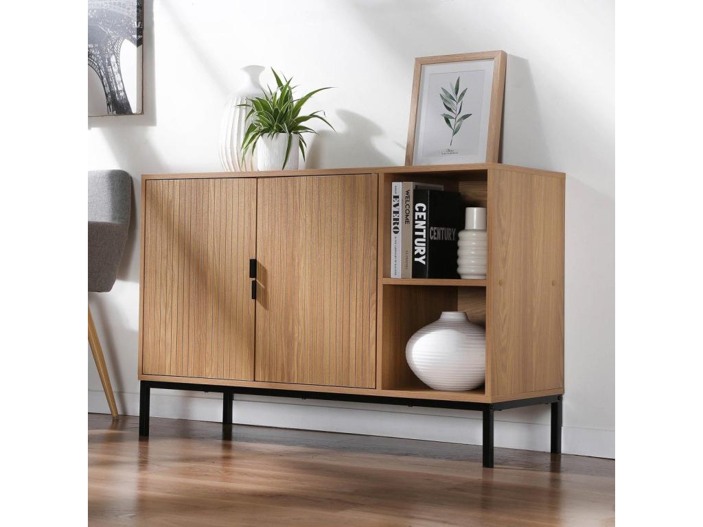 2-Door Buffet with 2 Open Shelves, Grooved Wood Effect, 110 cm Wide - Sunmeub 25041QIFN