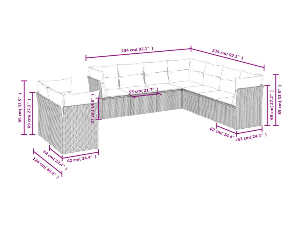 9-piece garden furniture set with cushions, beige wicker resin, 56037DFMF