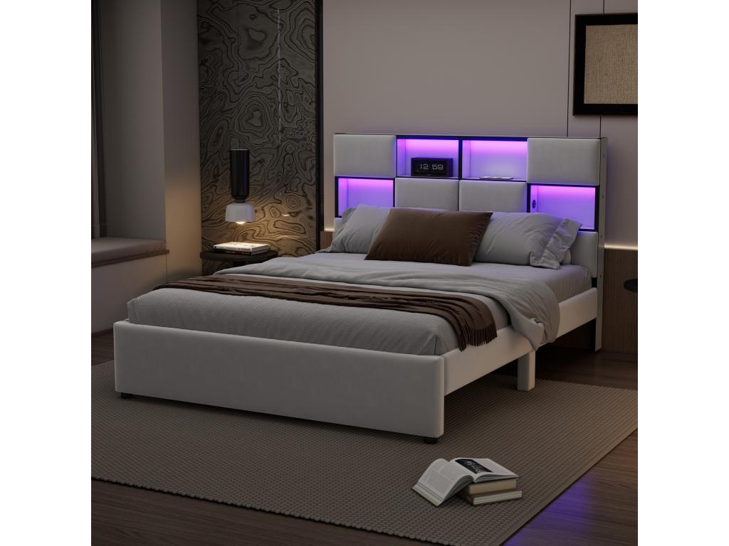 Double adult bed with ambient LED lighting, flat bed with slatted base by Sunmeub and headboard with USB port, beige, 140x200cm, 29514BCJU