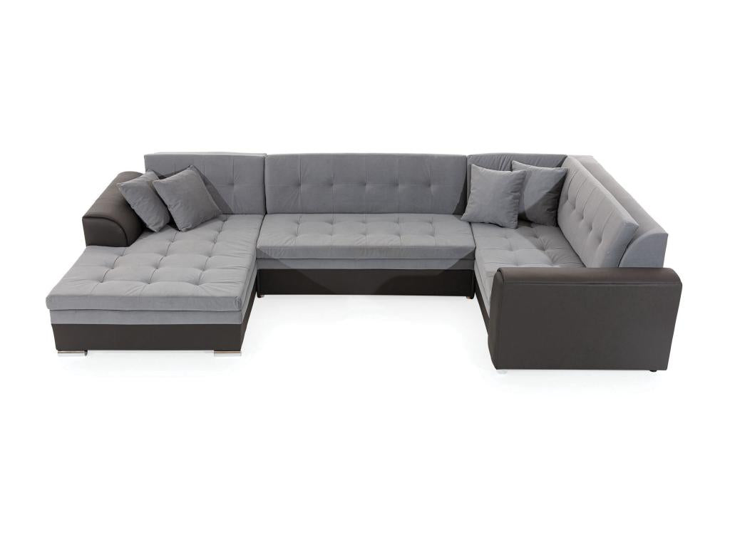 Panoramic convertible sofa in heather grey fabric and black faux leather, chaise longue on the left, Homeboisstore, 340cm, 57164DIMW