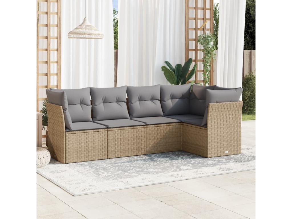 5-piece garden furniture set with cushions, beige woven resin, 41945EOLZ