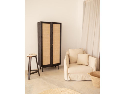Fir wood wardrobe with black rattan weave, 180x80cm - Sunmeub 43434RIRW