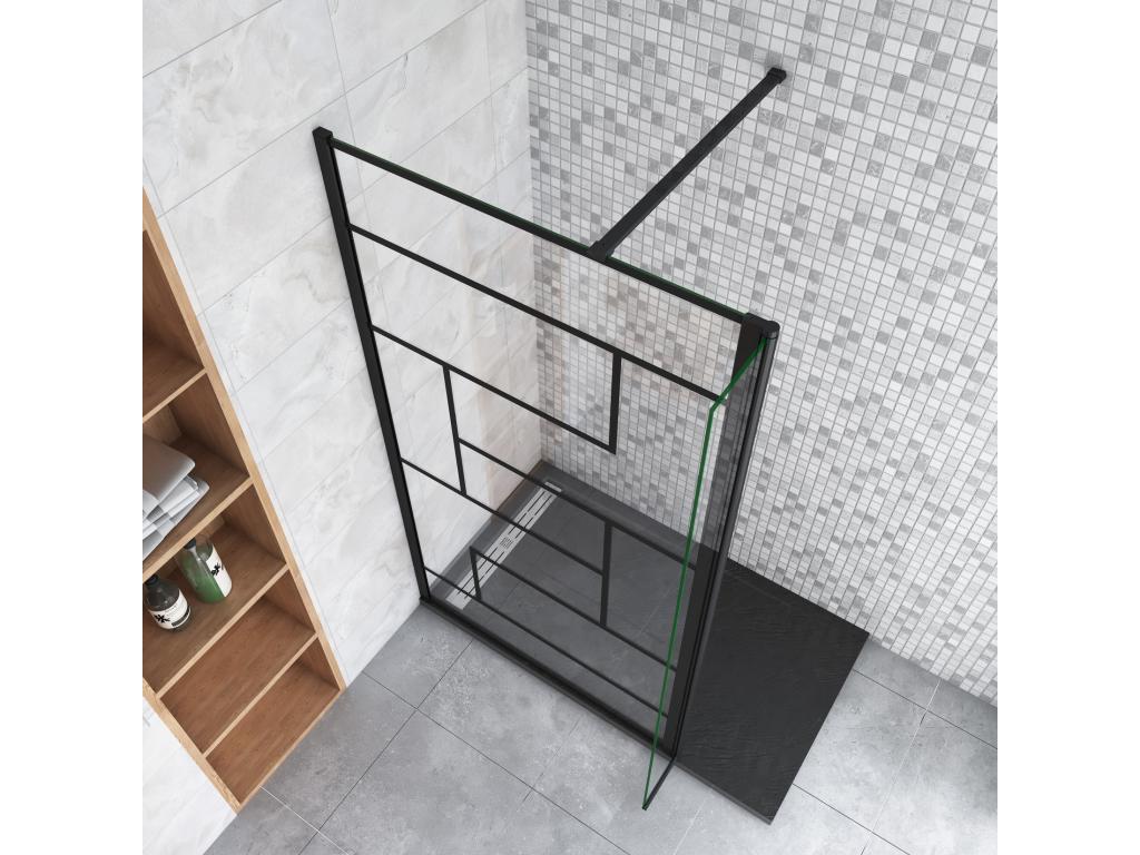 Walk-in shower screen 140 x 30 x 200 cm with pivoting return panel - Black - with 90 cm cuttable support bar 25199PNQD