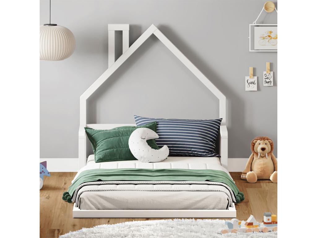 Sunmeub Montessori-style children's floor bed, 90x200 cm, with a house-shaped headboard in solid white-stained wood, 63446EIMP