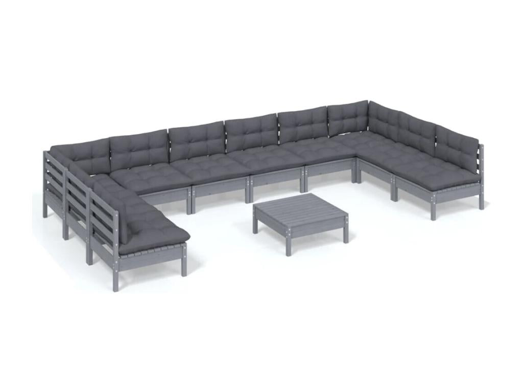 11-piece garden furniture set with grey cushions, solid pine wood 80288GIKE