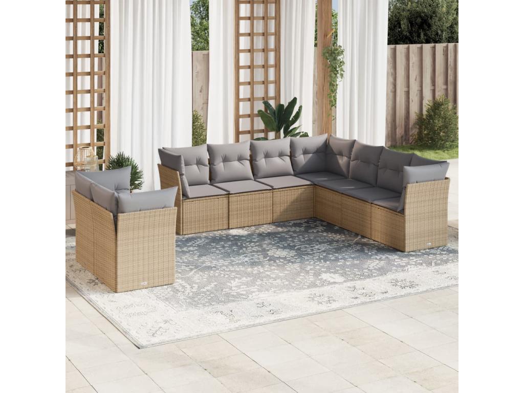 9-piece garden furniture set with cushions, beige wicker resin, 56037DFMF